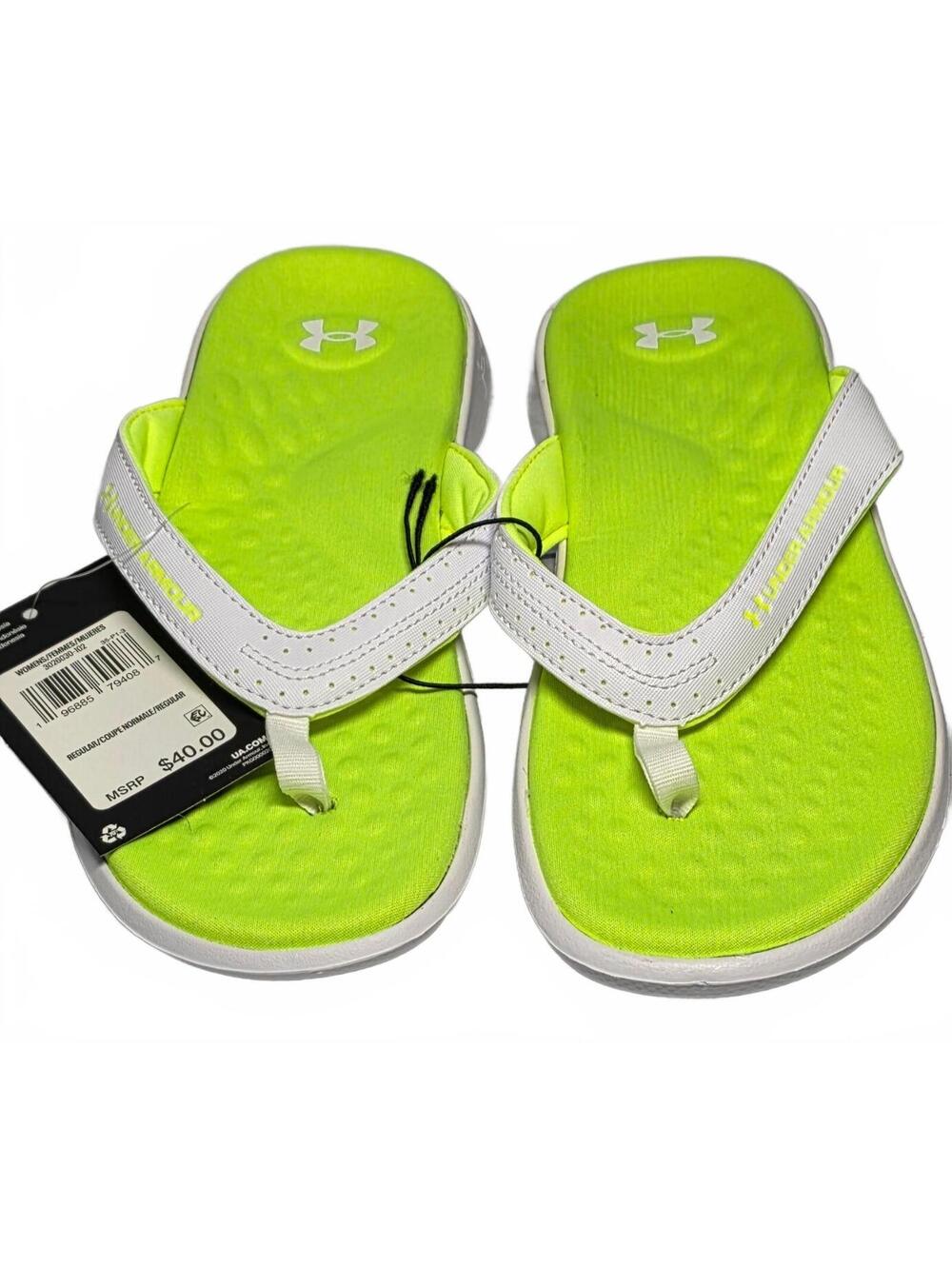 Under Armour Neon Green and White Flip Flop Sandals - Size 8